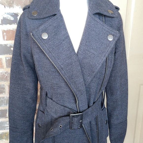 Ellen Tracy Charcoal Military Trench Overcoat Side Full Zip Belted Pea Coat Sz M - Picture 2 of 12